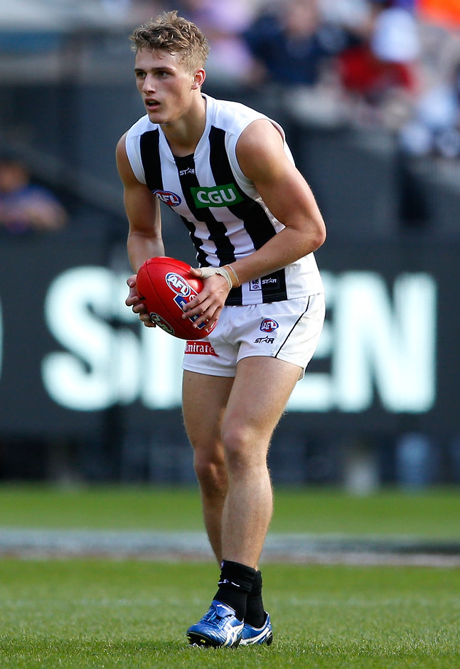 AFL 2016 Rd 03 - St Kilda v Collingwood MELBOURNE, AUSTRALIA - APRIL 9: Debutante, Matthew Goodyear of the Magpies in action during the 2016 AFL Round 03 match between the St Kilda Saints and the Collingwood Magpies at the Melbourne Cricket Ground, Melbourne on April 9, 2016. (Photo by Adam Trafford/AFL Media)